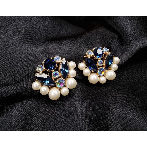 Rare Find Vintage 1930s Elsa Schiaparelli Clip-On Earrings W/ Blue Rhinestones - Picture 2 of 6